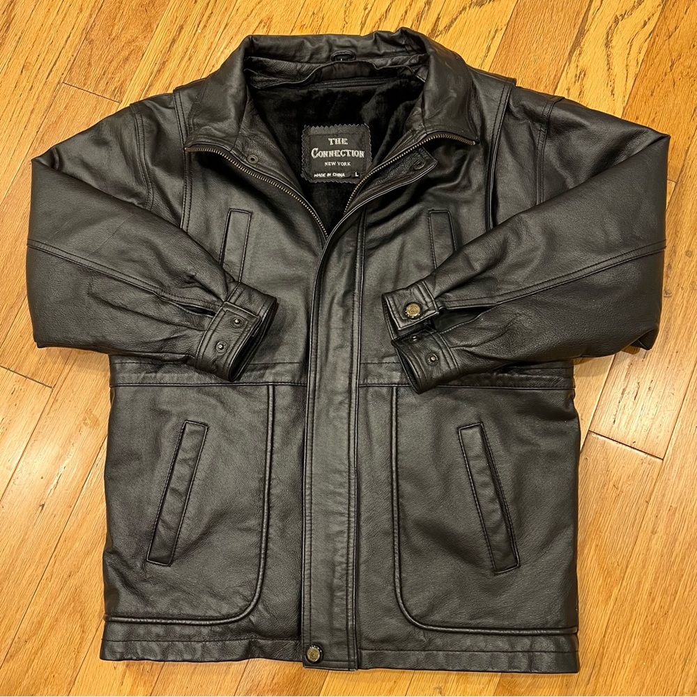 Black Leather Jacket by The Connection New York Removable Fur Vest Size L Women